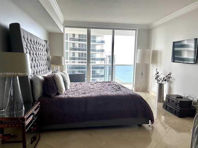 bedroom with floor to ceiling windows and ornamental molding