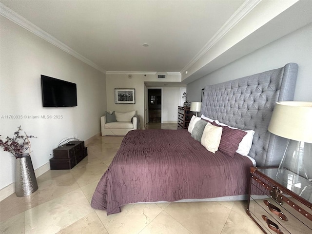 bedroom with visible vents and ornamental molding