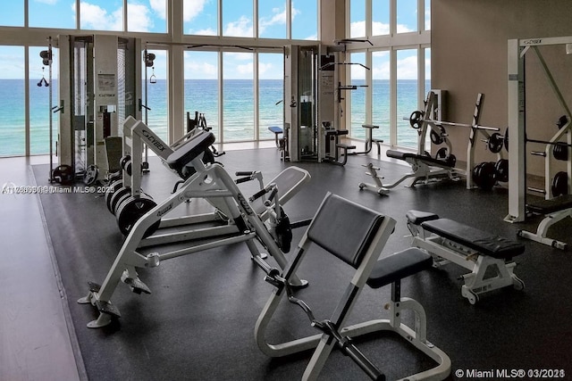 exercise room featuring a water view and a healthy amount of sunlight