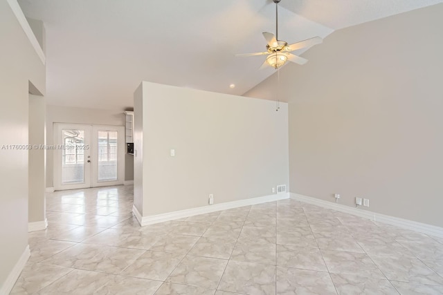 unfurnished room with french doors, baseboards, high vaulted ceiling, and ceiling fan