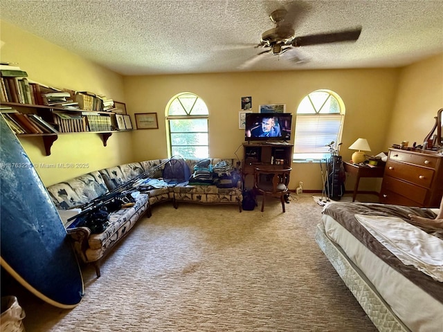 interior space featuring carpet, a healthy amount of sunlight, ceiling fan, and a textured ceiling