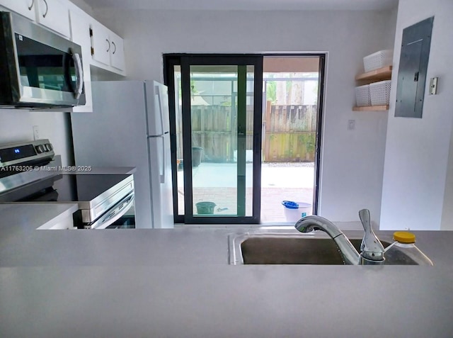 kitchen featuring electric panel, white cabinets, appliances with stainless steel finishes, and a sink