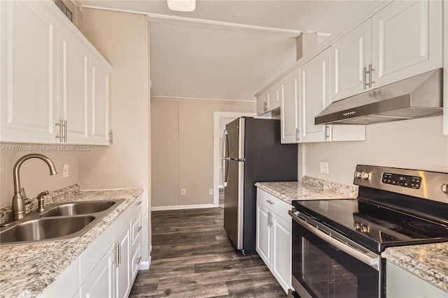 kitchen featuring white cabinetry, under cabinet range hood, appliances with stainless steel finishes, and a sink