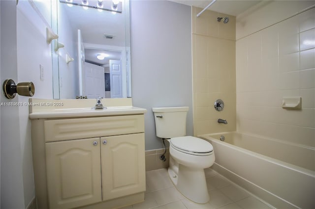 bathroom with vanity, visible vents, bathtub / shower combination, tile patterned flooring, and toilet