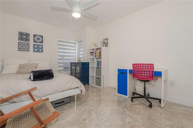 bedroom featuring baseboards, marble finish floor, and ceiling fan