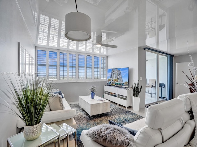 living area with a ceiling fan