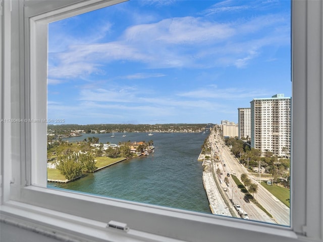 view of water feature with a view of city