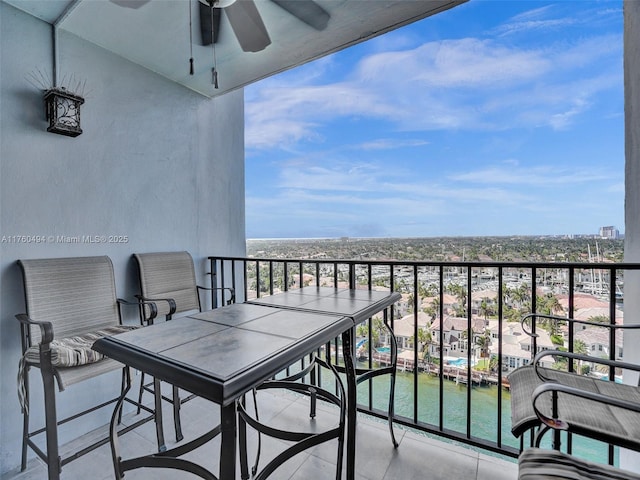 balcony featuring a ceiling fan and a water view