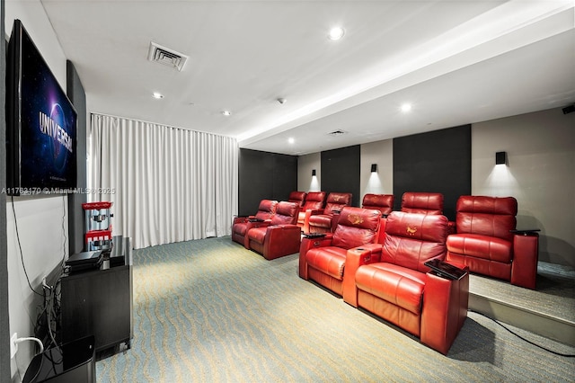 home theater room with recessed lighting, visible vents, and carpet flooring