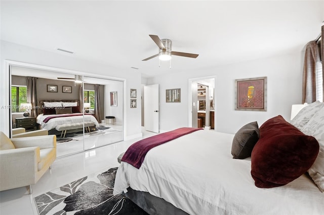 bedroom with a closet, visible vents, and ceiling fan