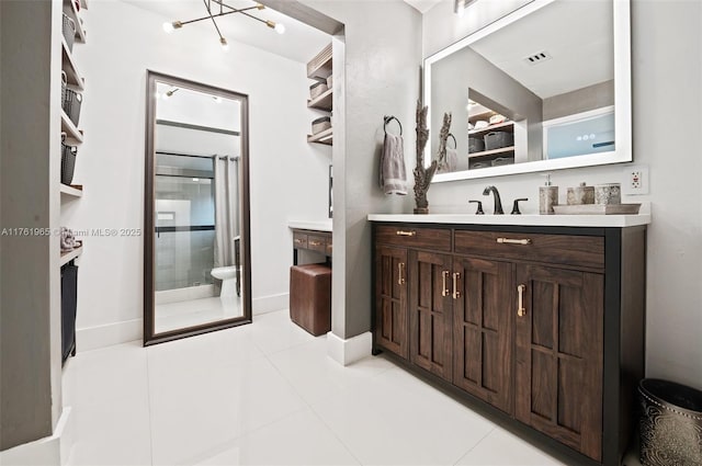 full bath featuring tile patterned flooring, visible vents, a shower stall, baseboards, and vanity