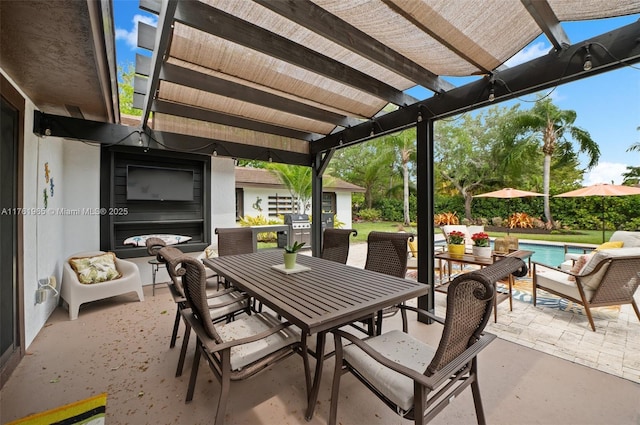 view of patio / terrace featuring an outdoor living space, a fenced in pool, a pergola, and outdoor dining area