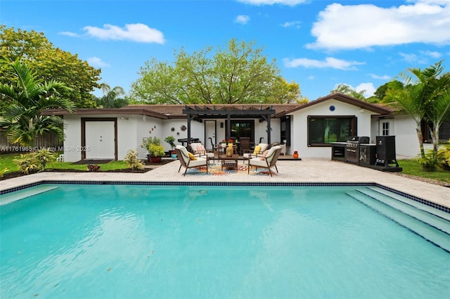 view of swimming pool featuring a fenced in pool, a patio, a yard, and a pergola