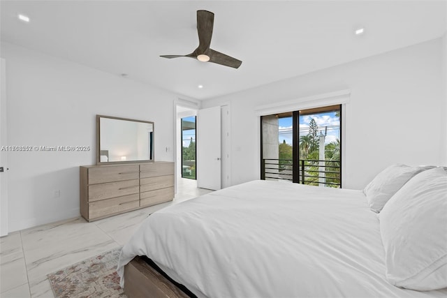 bedroom featuring baseboards, recessed lighting, ceiling fan, access to exterior, and marble finish floor