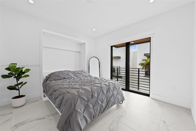 bedroom with access to exterior, recessed lighting, baseboards, and marble finish floor