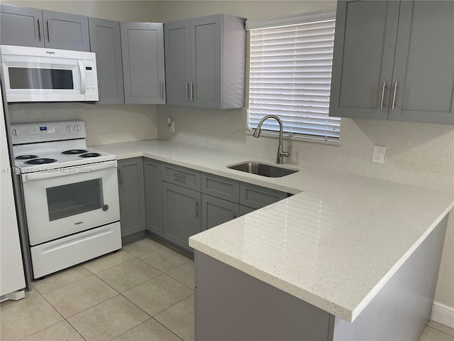 kitchen featuring light stone countertops, gray cabinets, a peninsula, white appliances, and a sink