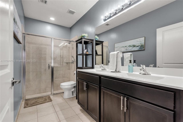 bathroom featuring visible vents, a stall shower, toilet, and a sink