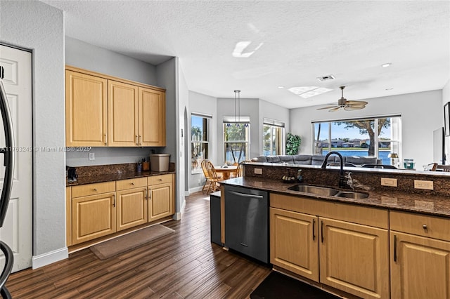 kitchen featuring dark wood-style floors, dark stone counters, ceiling fan, a sink, and stainless steel dishwasher