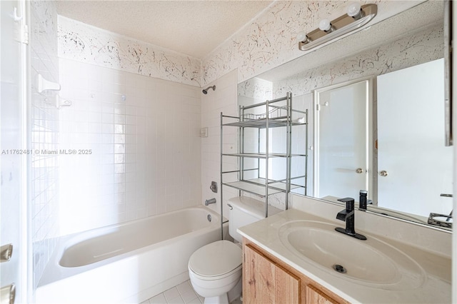 bathroom featuring toilet, a textured ceiling, shower / tub combination, wallpapered walls, and vanity