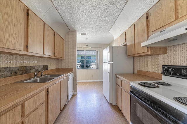 kitchen with under cabinet range hood, a sink, wallpapered walls, white appliances, and light wood finished floors