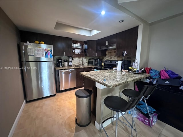 kitchen with backsplash, appliances with stainless steel finishes, a skylight, a peninsula, and a sink