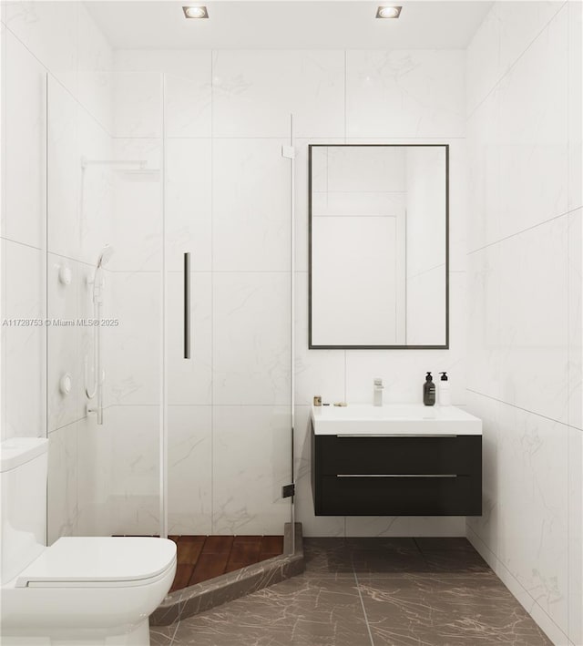 full bath with marble finish floor, toilet, a shower stall, and vanity