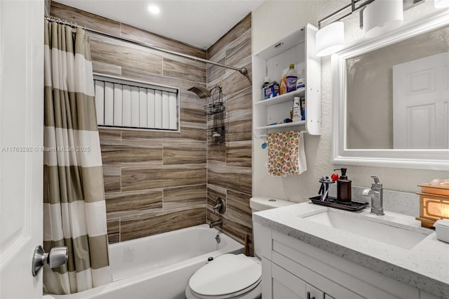 bathroom with shower / bathtub combination with curtain, toilet, and vanity