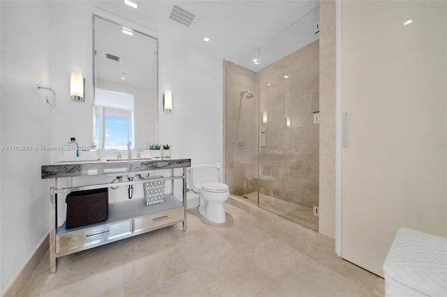 full bath featuring visible vents, vanity, toilet, and a shower stall