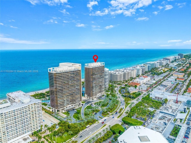 drone / aerial view featuring a city view and a water view