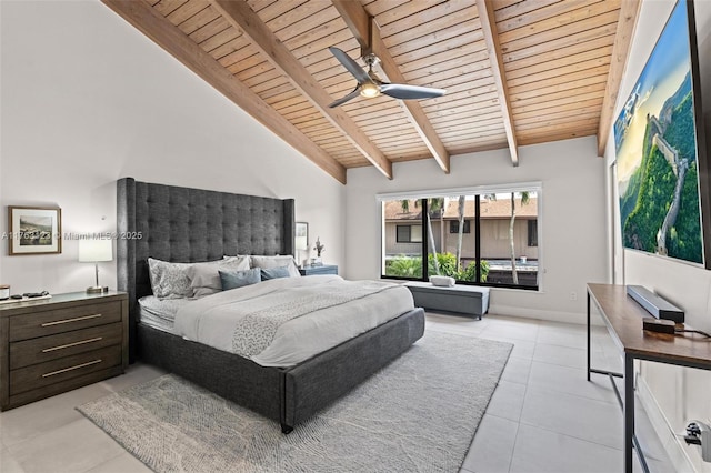 bedroom with light tile patterned floors, beamed ceiling, high vaulted ceiling, and wooden ceiling