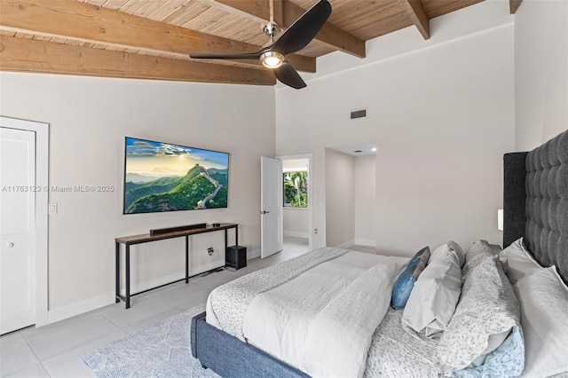 bedroom featuring light tile patterned floors, baseboards, visible vents, beam ceiling, and wood ceiling