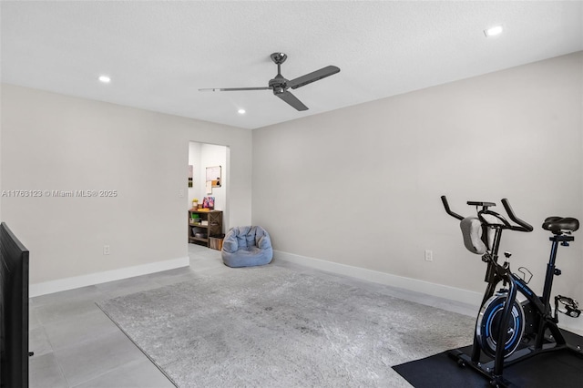 workout room featuring recessed lighting, baseboards, and ceiling fan