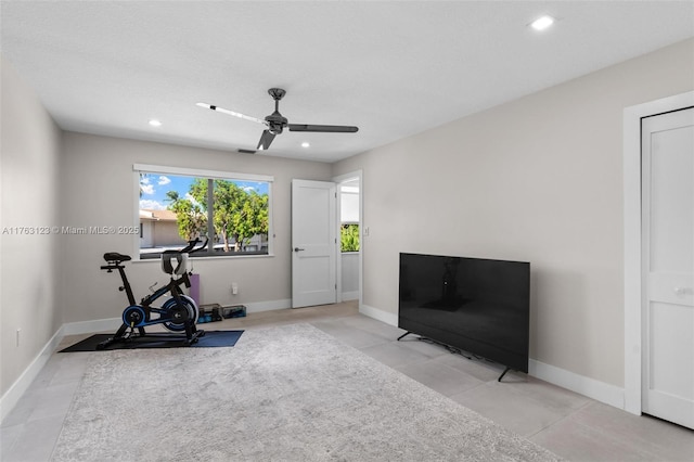 exercise area with recessed lighting, baseboards, and ceiling fan