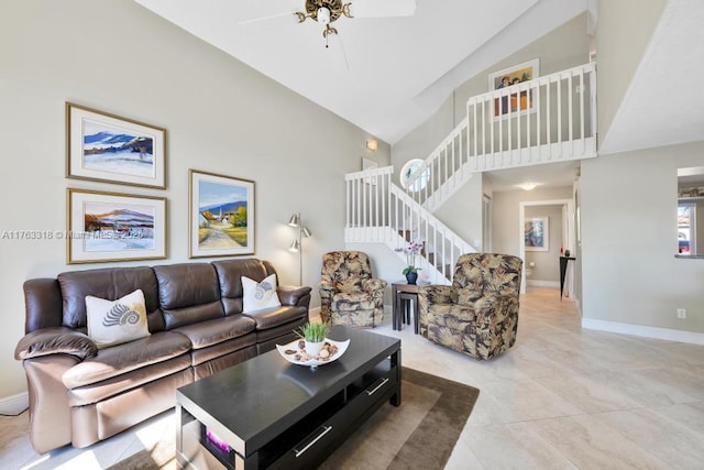 living room featuring high vaulted ceiling, a ceiling fan, light tile patterned flooring, baseboards, and stairs