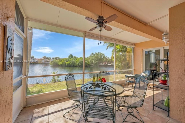 sunroom / solarium with ceiling fan and a water view