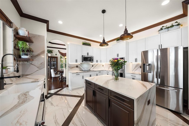 kitchen featuring crown molding, open shelves, marble finish floor, stainless steel appliances, and white cabinetry