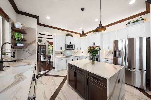 kitchen featuring a sink, open shelves, backsplash, white cabinetry, and appliances with stainless steel finishes