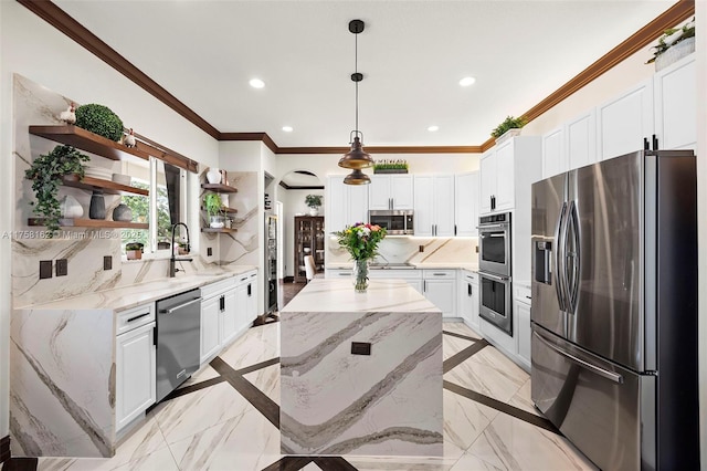 kitchen featuring open shelves, a sink, stainless steel appliances, backsplash, and a center island