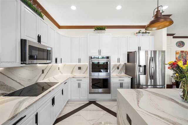 kitchen with recessed lighting, backsplash, stainless steel appliances, and ornamental molding