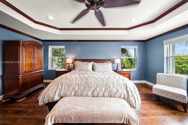 bedroom featuring a tray ceiling and multiple windows