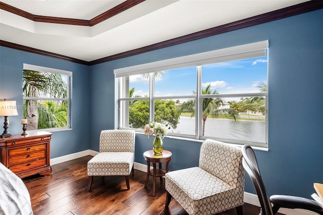 sitting room with baseboards, a raised ceiling, hardwood / wood-style floors, and ornamental molding