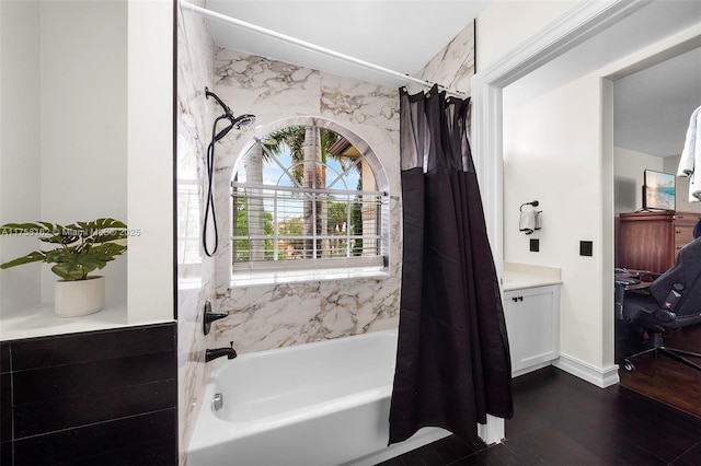 full bath featuring shower / bathtub combination with curtain, wood finished floors, and vanity