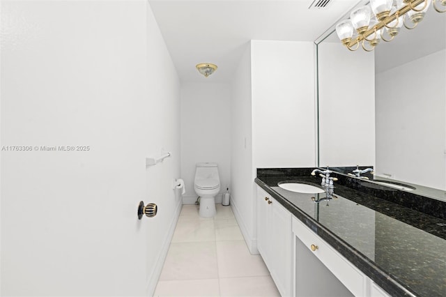 bathroom with vanity, visible vents, baseboards, tile patterned floors, and toilet