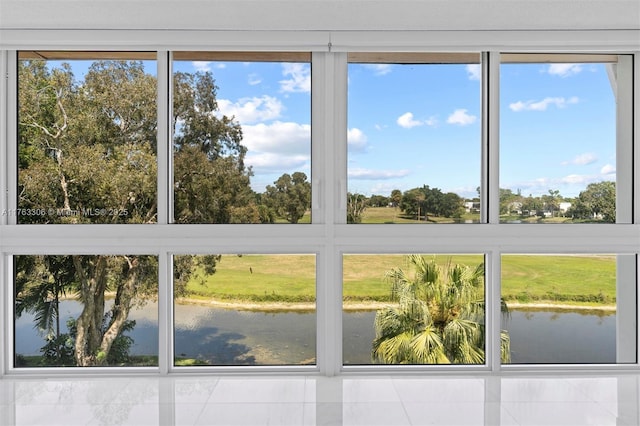 interior space with a water view