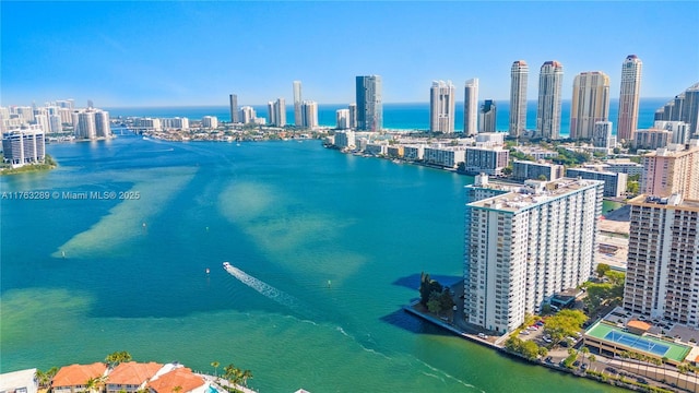 aerial view with a view of city and a water view