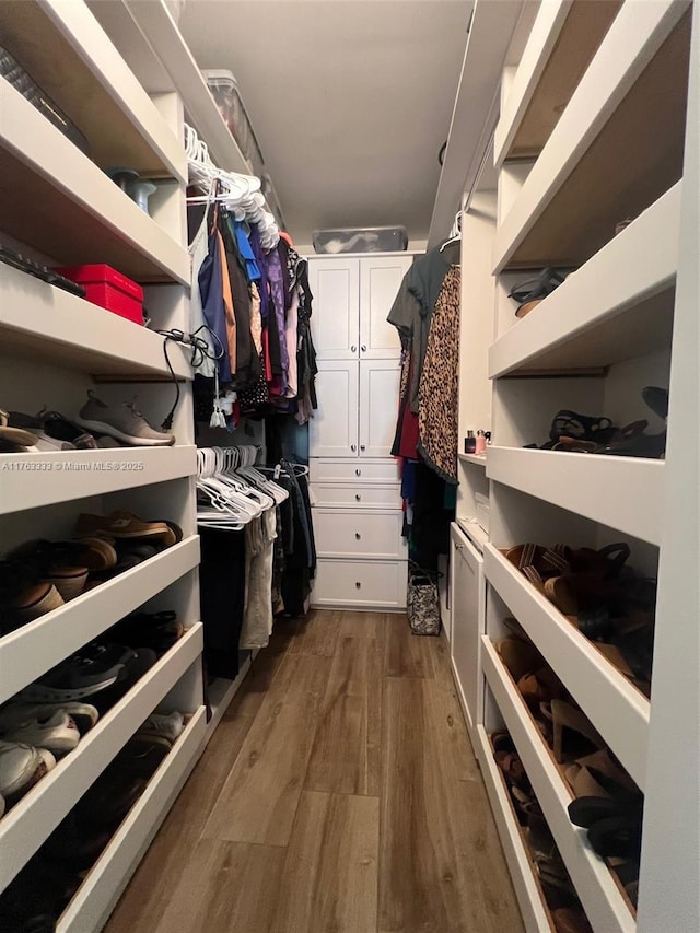 walk in closet with wood finished floors