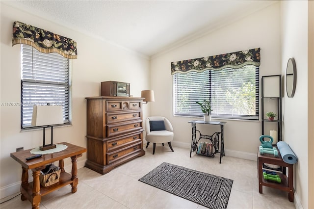 living area with lofted ceiling, ornamental molding, a textured ceiling, light tile patterned floors, and baseboards