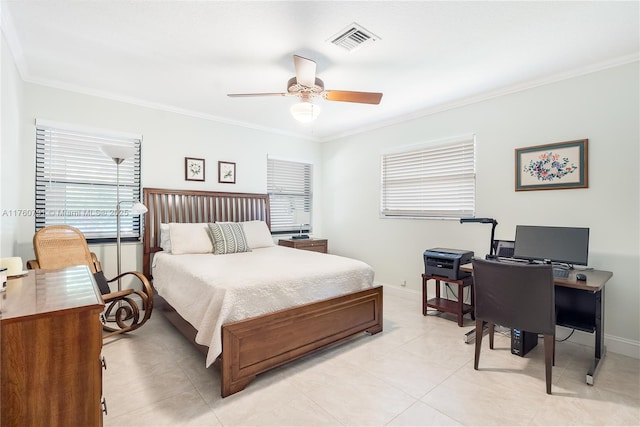 bedroom featuring visible vents, a ceiling fan, baseboards, and ornamental molding