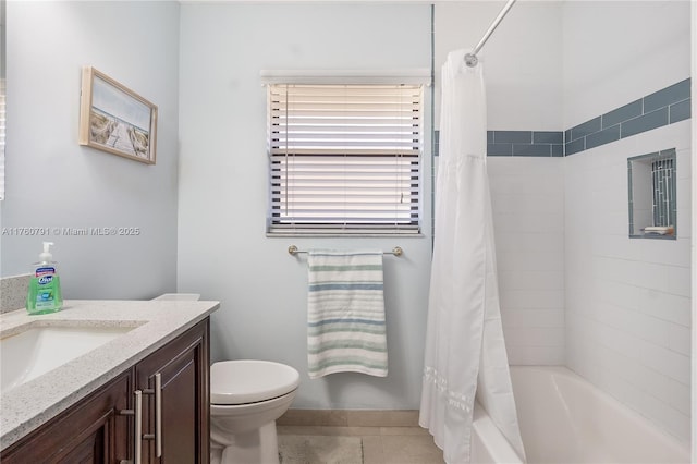 bathroom featuring tile patterned flooring, toilet, vanity, and shower / tub combo with curtain