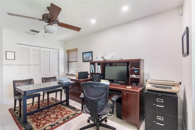 office area with light tile patterned floors, visible vents, recessed lighting, and ceiling fan